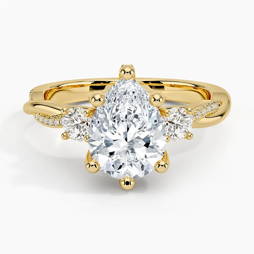 Pear Cut Moissanite Engagement Ring, Three Stone Diamond Ring, Twisted Pave Band Ring