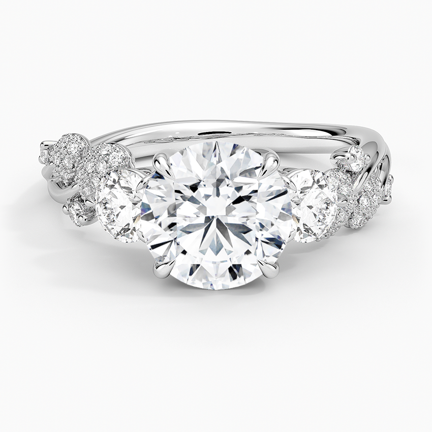Round Cut Diamond Engagement Ring, Three Stone Diamond Ring, Floral Cluster Side Stones Ring