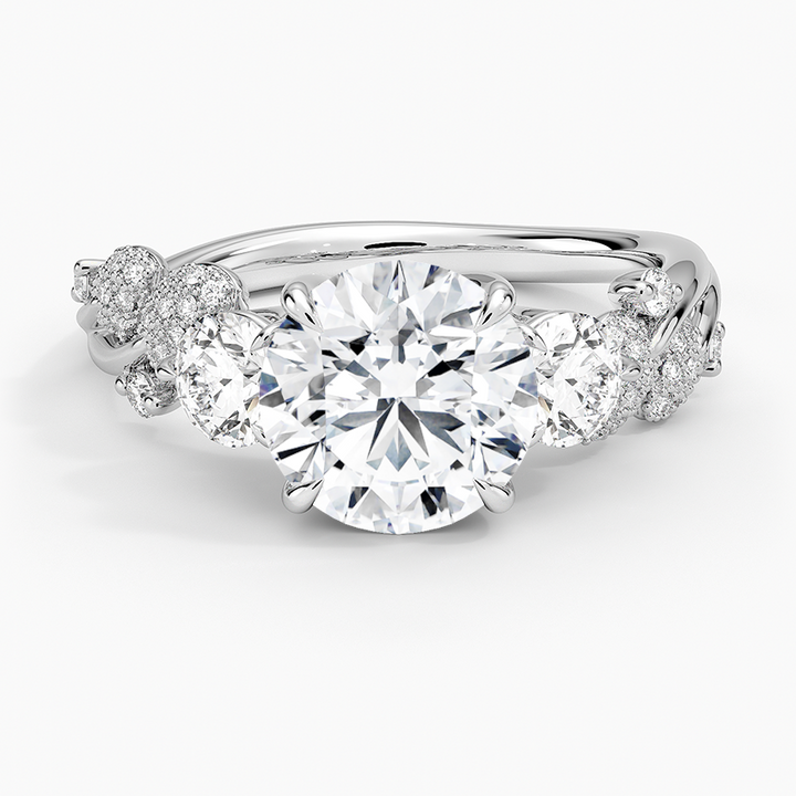 Round Cut Diamond Engagement Ring, Three Stone Diamond Ring, Floral Cluster Side Stones Ring