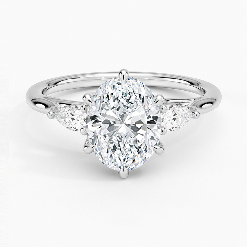 Oval Cut Diamond Engagement Ring with Marquise Side Stones, Three Stone Bridal Ring