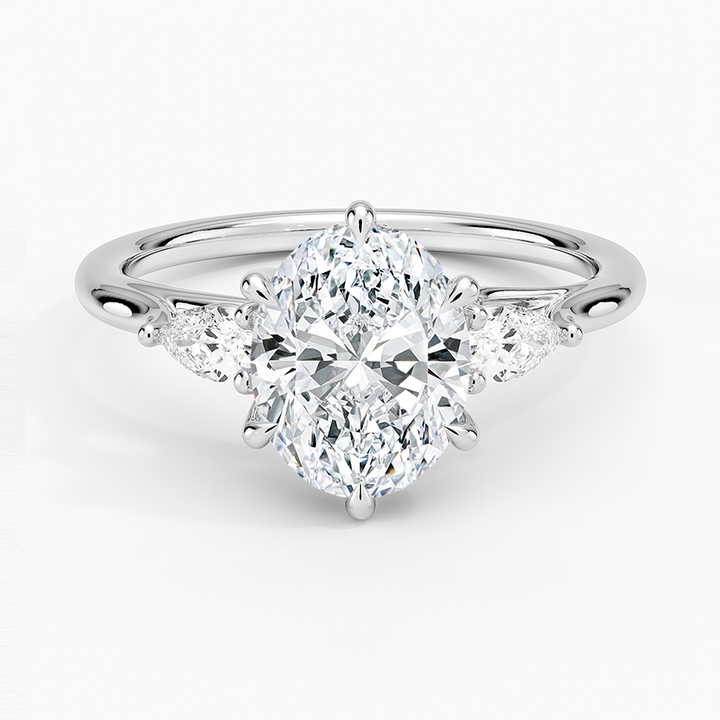Oval Cut Diamond Engagement Ring with Marquise Side Stones, Three Stone Bridal Ring