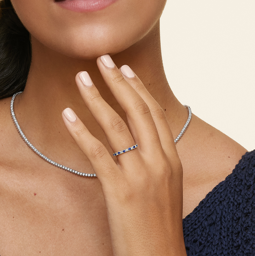 Blue Sapphire & Diamond Eternity Band Ring, Alternating Gemstone Wedding Band, Stackable Anniversary Ring