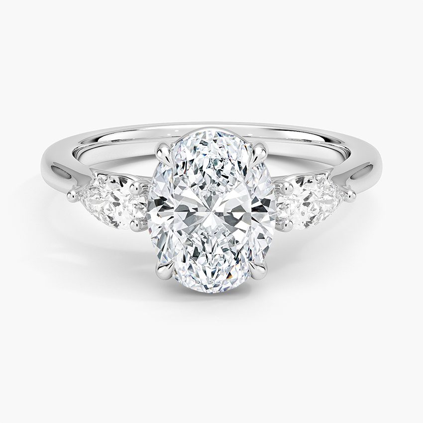Oval Cut Diamond Engagement Ring with Pear Side Stones, Three Stone Diamond Ring, Solid Gold Ring