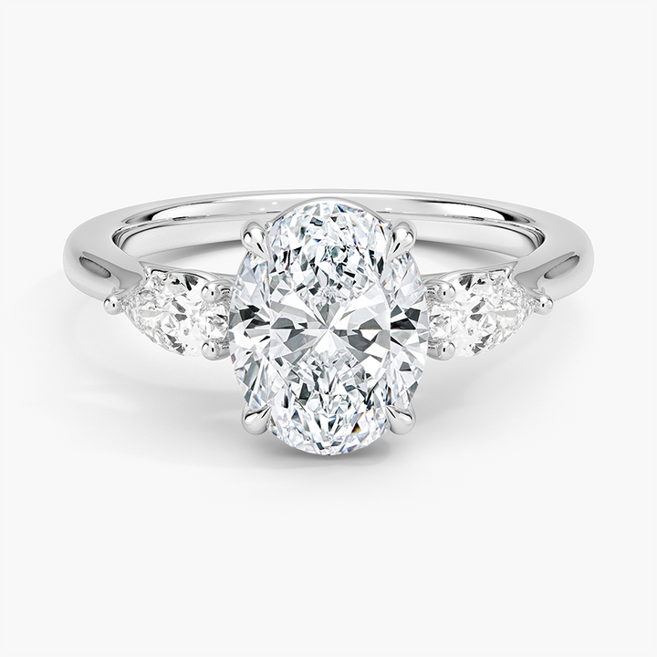 Oval Cut Diamond Engagement Ring with Pear Side Stones, Three Stone Diamond Ring, Solid Gold Ring