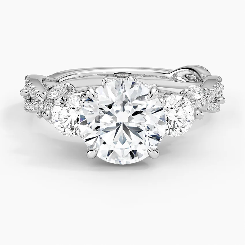 Twisted Vine Three Stone Diamond Engagement Ring, Round Cut Center with Side Diamonds