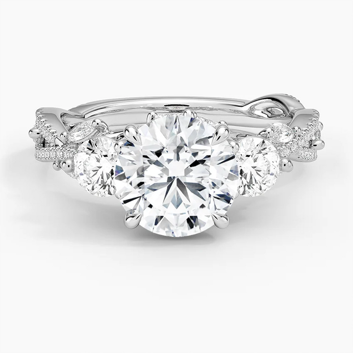 Twisted Vine Three Stone Diamond Engagement Ring, Round Cut Center with Side Diamonds