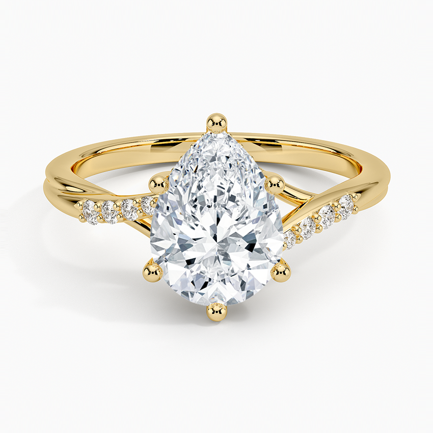 Pear Cut Diamond Engagement Ring, Twisted Split Shank Ring, Pave Band Solitaire Ring