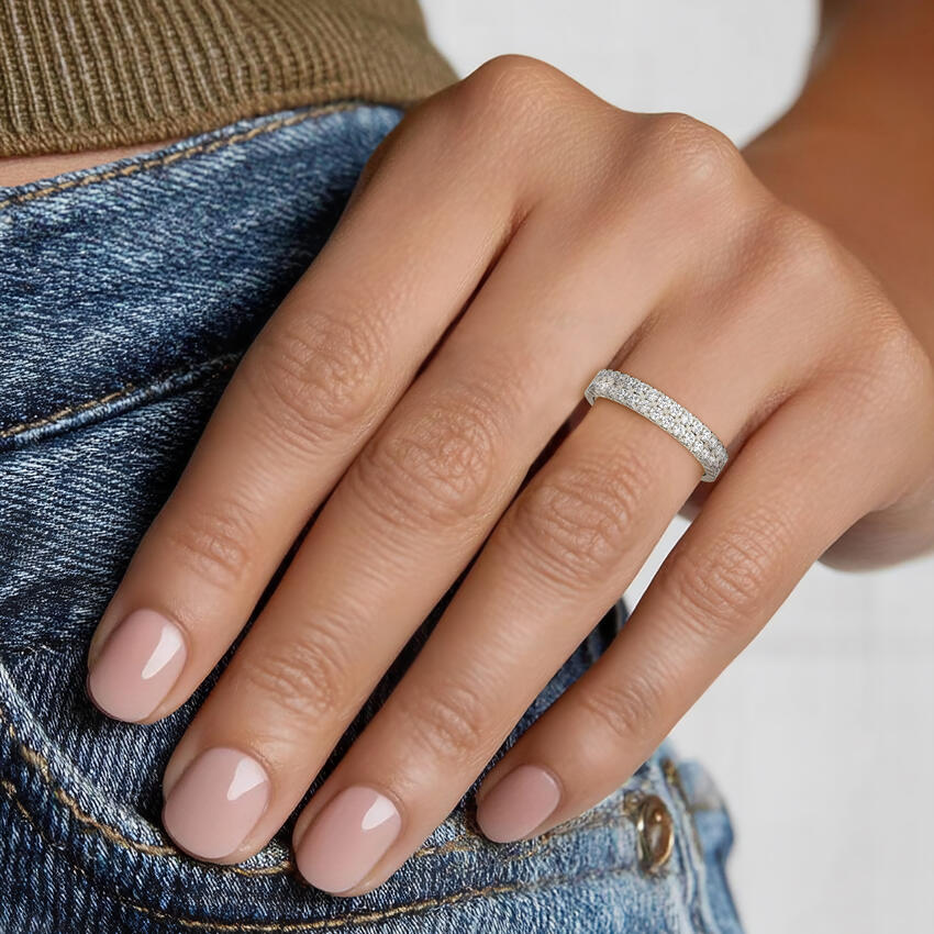 Double Row Diamond Band Ring, Two Row Pavé Diamond Wedding Band, Minimalist Stackable Ring