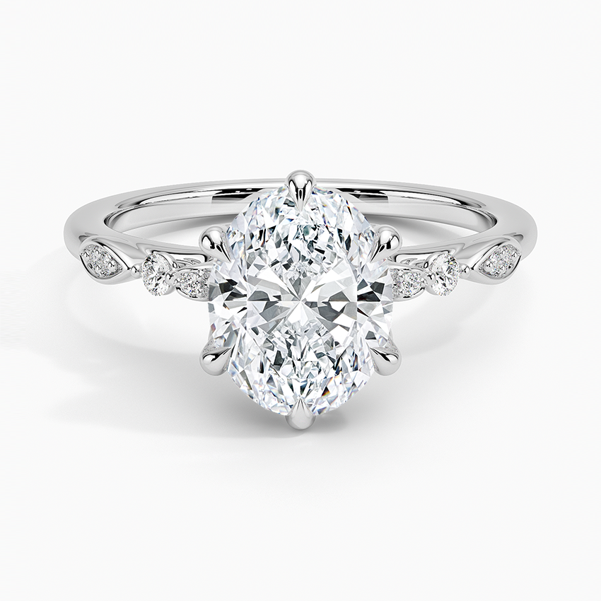 Oval Cut Diamond Engagement Ring, Leaf Inspired Pave Band, Nature Inspired Solitaire Ring