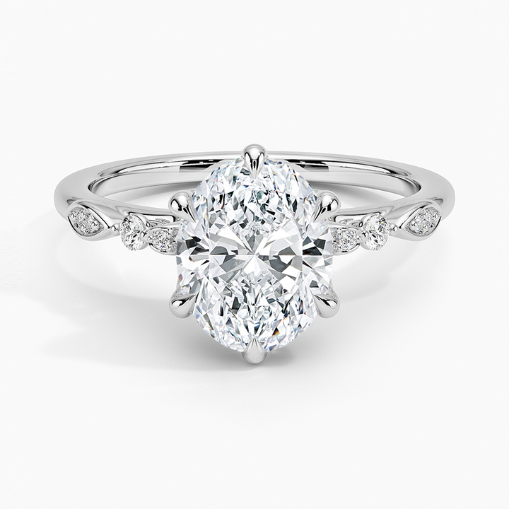 Oval Cut Diamond Engagement Ring, Leaf Inspired Pave Band, Nature Inspired Solitaire Ring