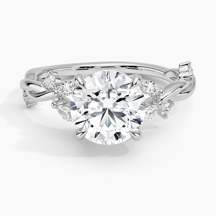 Twisted Vine Moissanite Engagement Ring, Round Cut Solitaire with Leaf Side Stones, Nature Inspired Gold Ring
