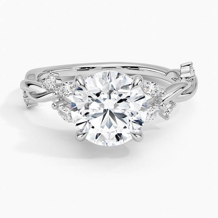 Twisted Vine Moissanite Engagement Ring, Round Cut Solitaire with Leaf Side Stones, Nature Inspired Gold Ring