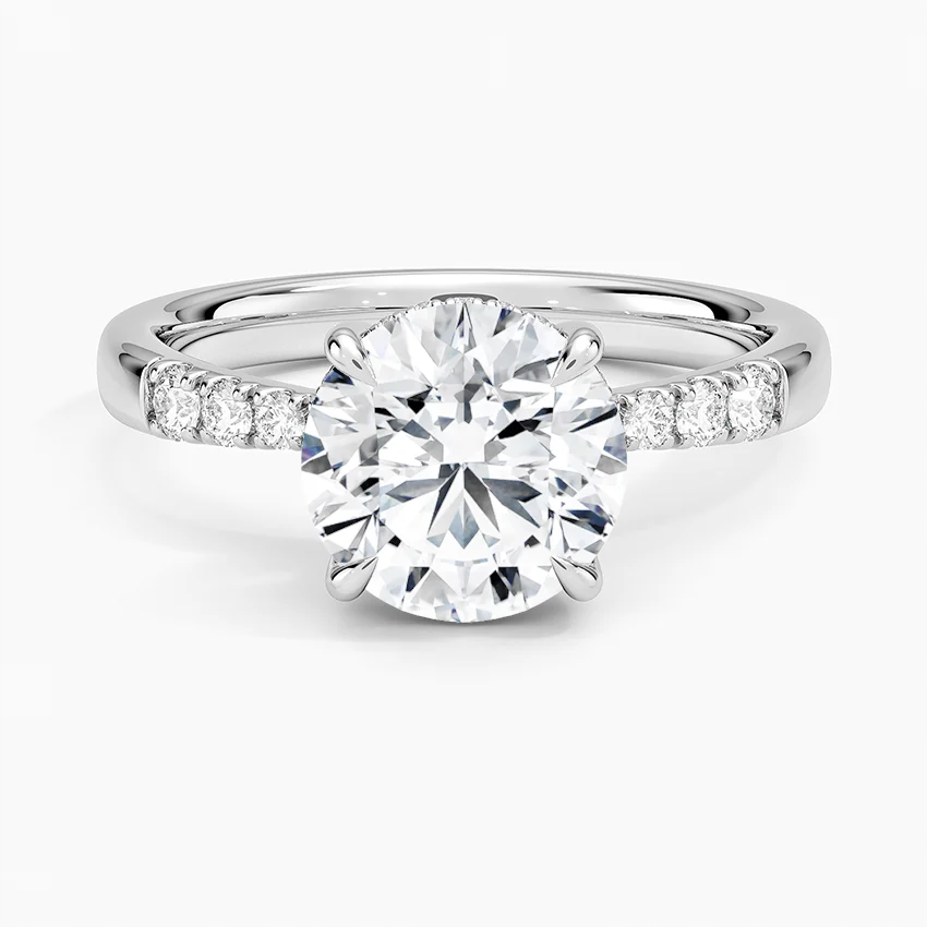 Round Cut Diamond Engagement Ring, 6 Prong Solitaire Ring with Pavé Band, Minimalist Bridal Ring
