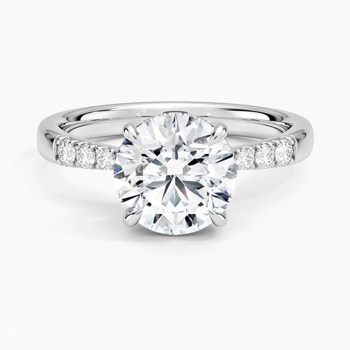 Round Cut Diamond Engagement Ring, 6 Prong Solitaire Ring with Pavé Band, Minimalist Bridal Ring