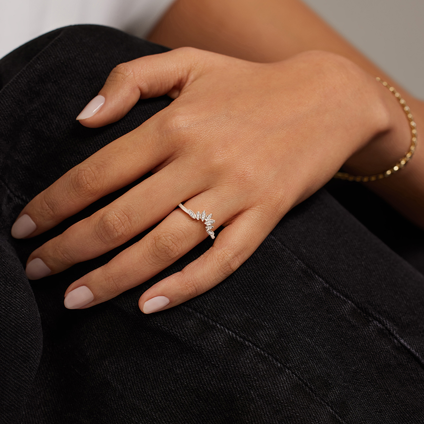 Marquise Diamond Chevron Ring, Leaf Cluster V Band, Minimalist Wedding Band