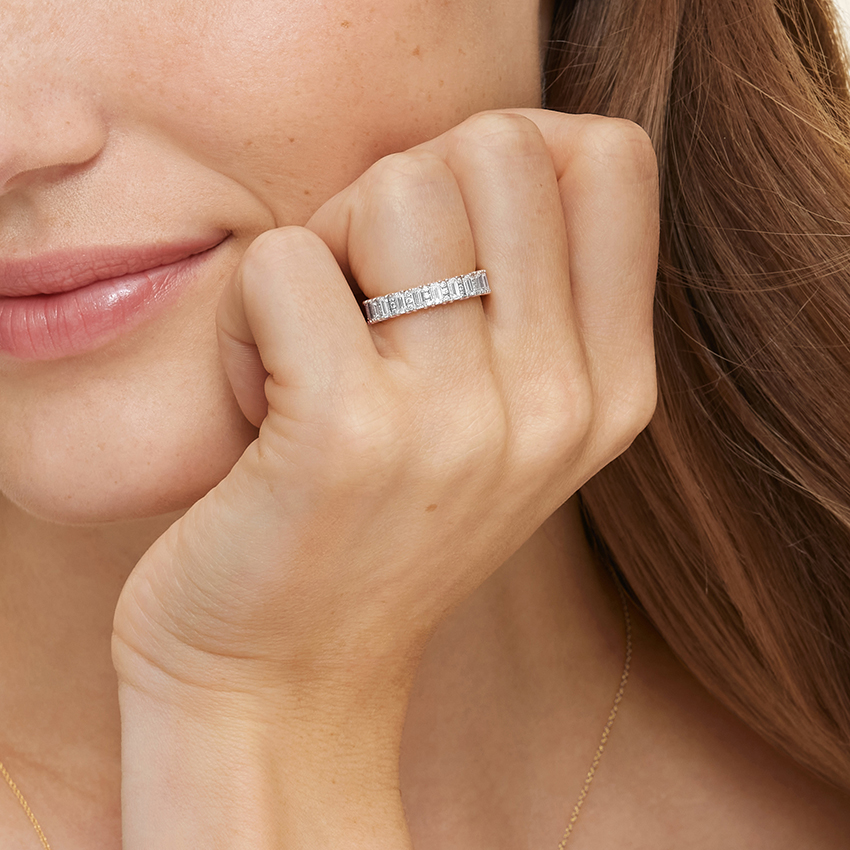 Emerald Cut Diamond Eternity Band, Full Eternity Ring, Alternating Baguette & Round Diamond Wedding Band