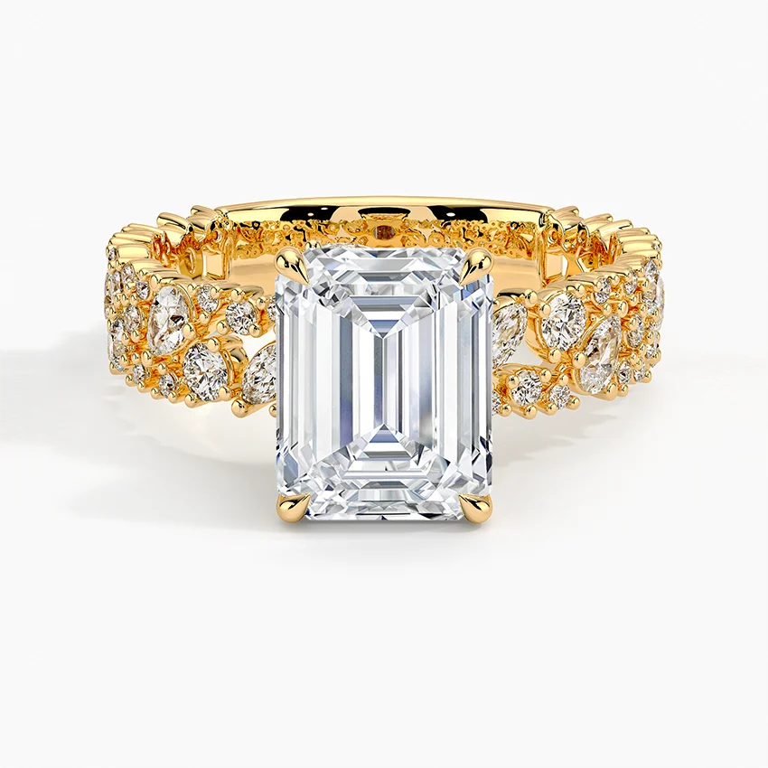 Emerald Cut Diamond Engagement Ring, Vintage Floral Cluster Band Ring, Unique Halo Statement Ring