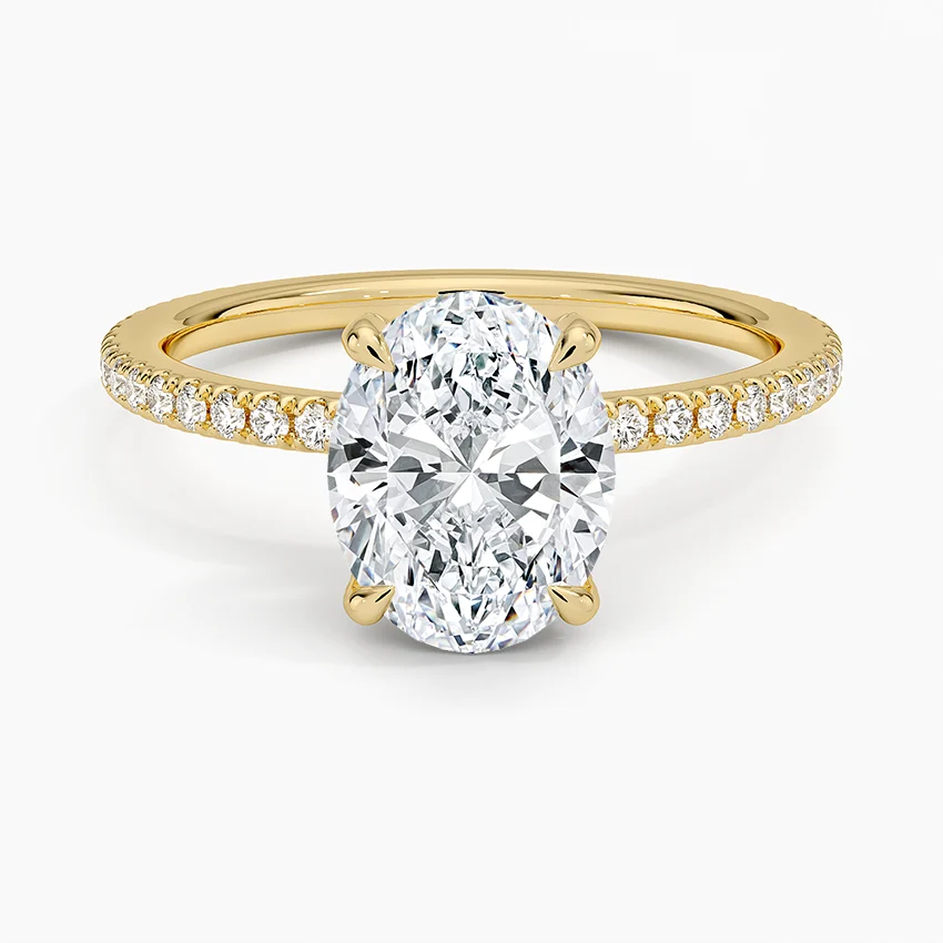 Oval Cut Diamond Engagement Ring, Hidden Halo Oval Ring, Pavé Band Ring