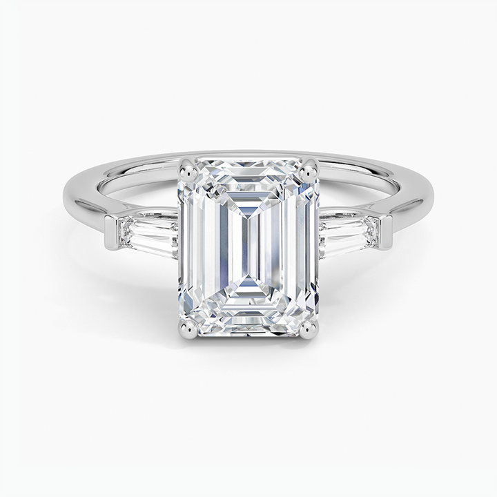 Emerald Cut Diamond Engagement Ring with Tapered Baguette Side Stones, Minimalist Three Stone Ring, Bridal Jewelry