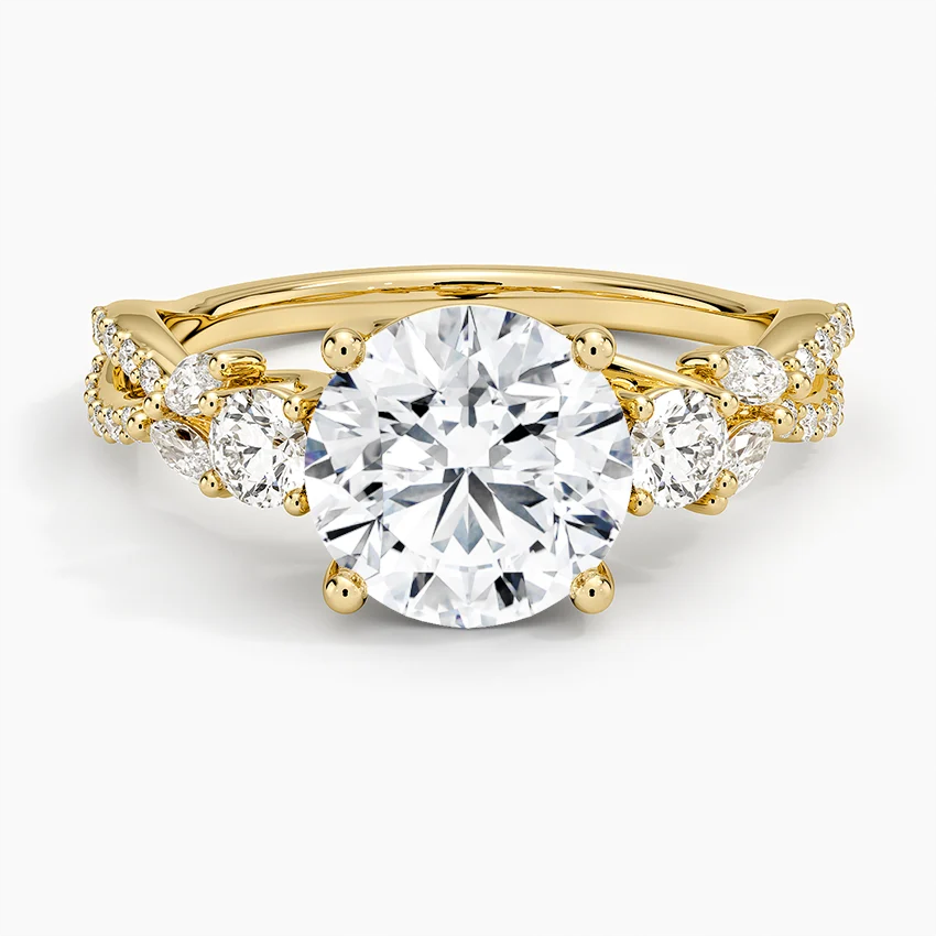 Round Cut Diamond Engagement Ring, Twisted Vine Band Ring, Floral Inspired Cluster Side Stones