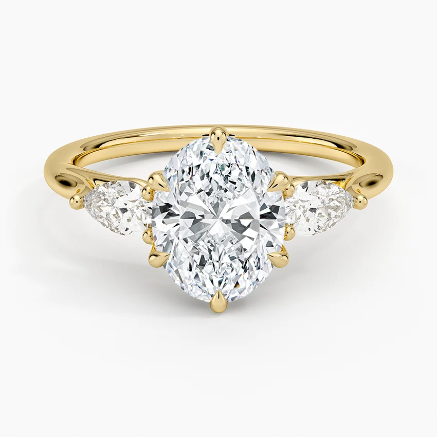 Oval Cut Diamond Engagement Ring, 3 Stone Diamond Ring, Pear Side Stones Ring, Solid Gold Promise Ring