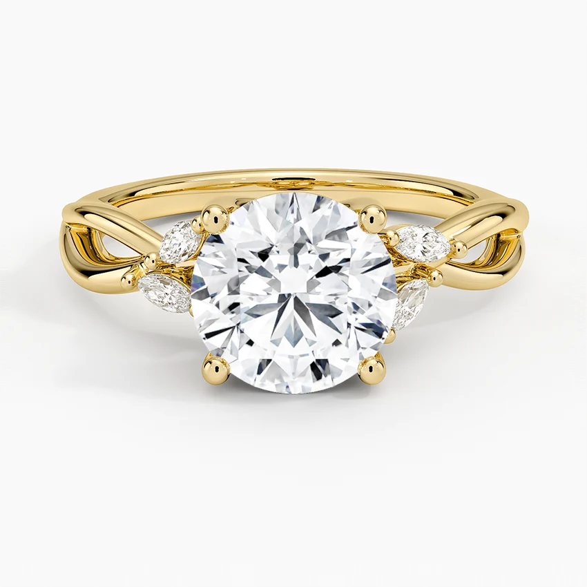 Round Cut Moissanite Engagement Ring, Infinity Twist Band Ring, Marquise Side Stone Ring, Solid Gold Promise Ring for Women