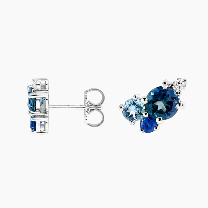 Blue Sapphire & Aquamarine Cluster Diamond Stud Earrings, Elegant Multi-Stone Studs