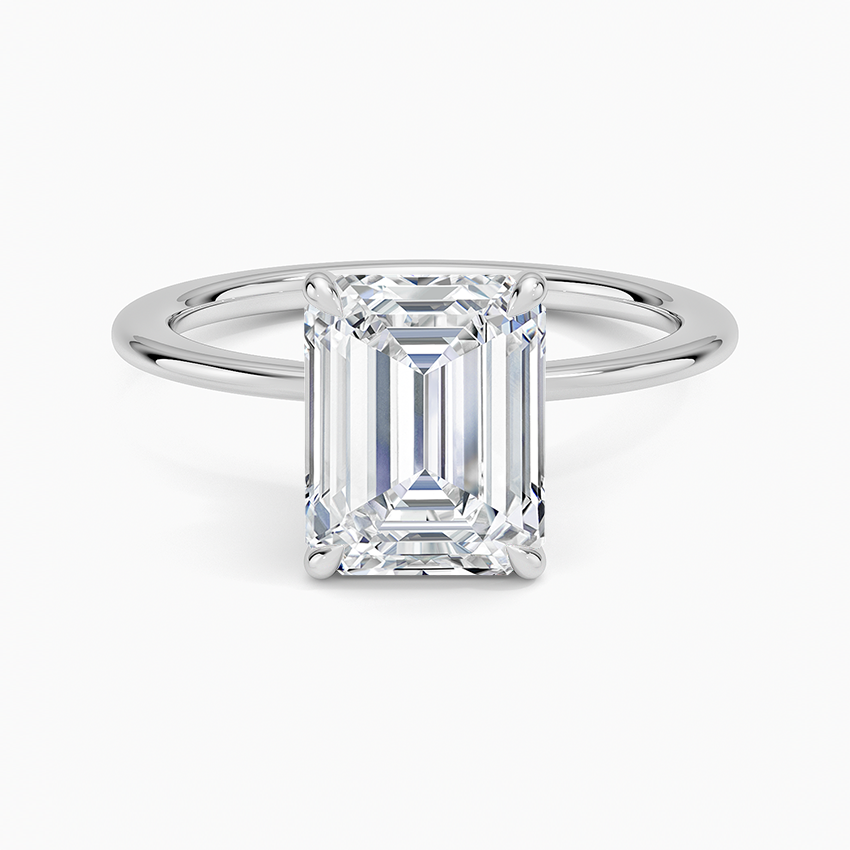 Emerald Cut Solitaire Engagement Ring, Hidden Halo Diamond Ring, Minimalist Prong Setting Ring