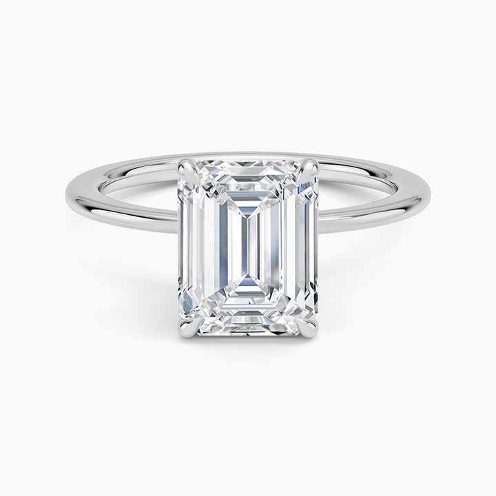 Emerald Cut Solitaire Engagement Ring, Hidden Halo Diamond Ring, Minimalist Prong Setting Ring