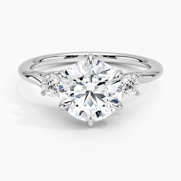 Three Stone Round Diamond Engagement Ring, Classic Solitaire with Side Stones, Promise Ring