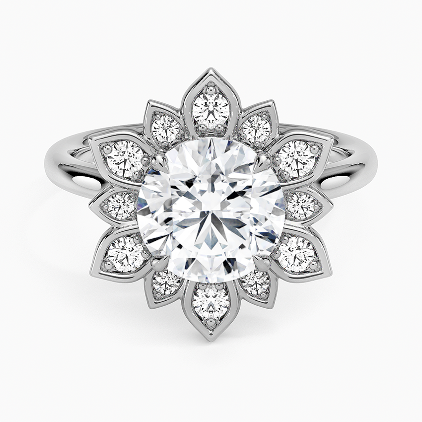 Floral Halo Moissanite Engagement Ring, Round Cut Center Stone, Vintage Flower Diamond Ring