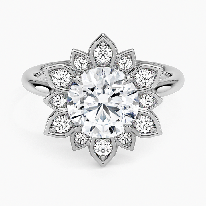 Floral Halo Moissanite Engagement Ring, Round Cut Center Stone, Vintage Flower Diamond Ring