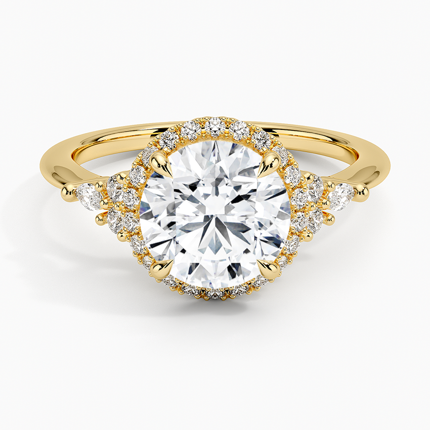 Round Cut Halo Engagement Ring, Diamond Cluster Side Stone Ring, Vintage Inspired Bridal Ring