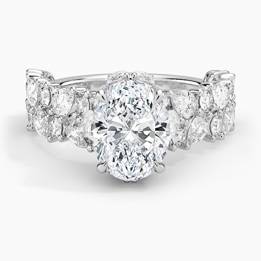 Oval Cut Diamond Engagement Ring, Cluster Side Stone Ring, Pave Band Oval Solitaire Ring