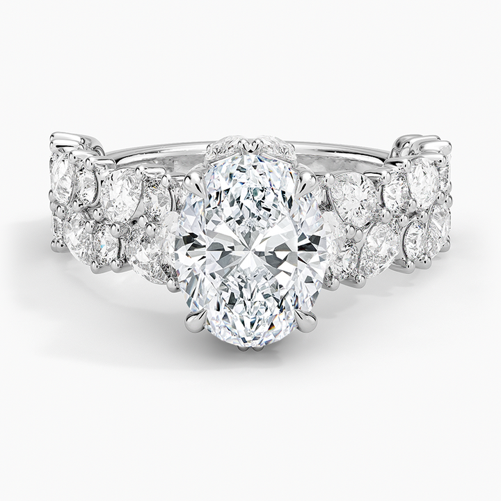 Oval Cut Diamond Engagement Ring, Cluster Side Stone Ring, Pave Band Oval Solitaire Ring