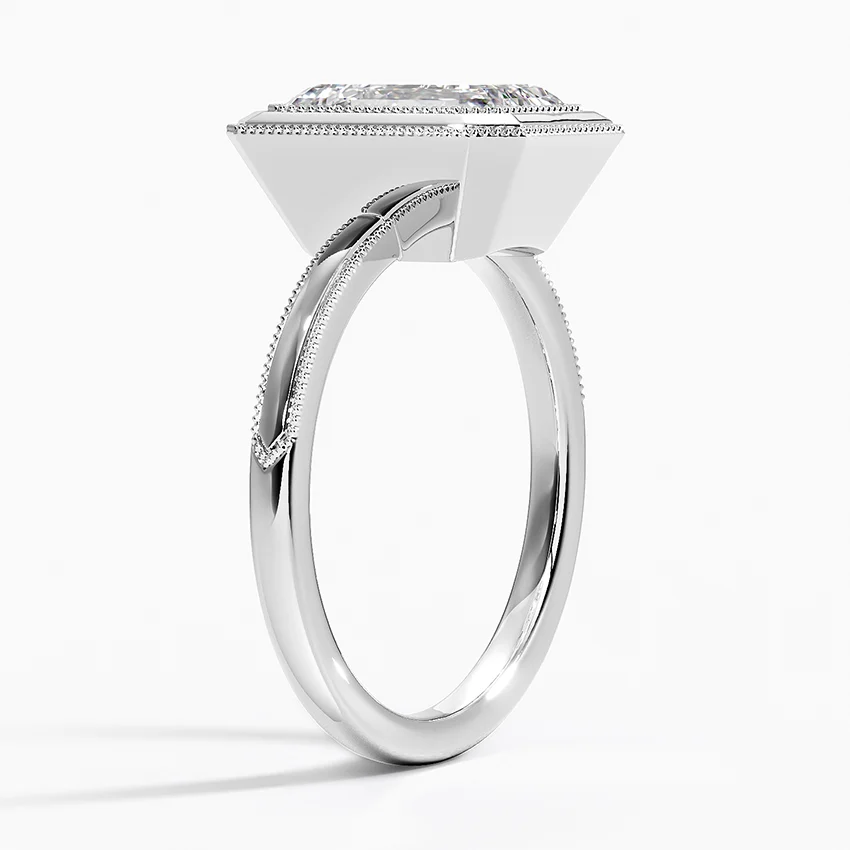 Emerald Cut Diamond Bezel Engagement Ring, Double Halo Milgrain Setting, Split Shank Solitaire Ring