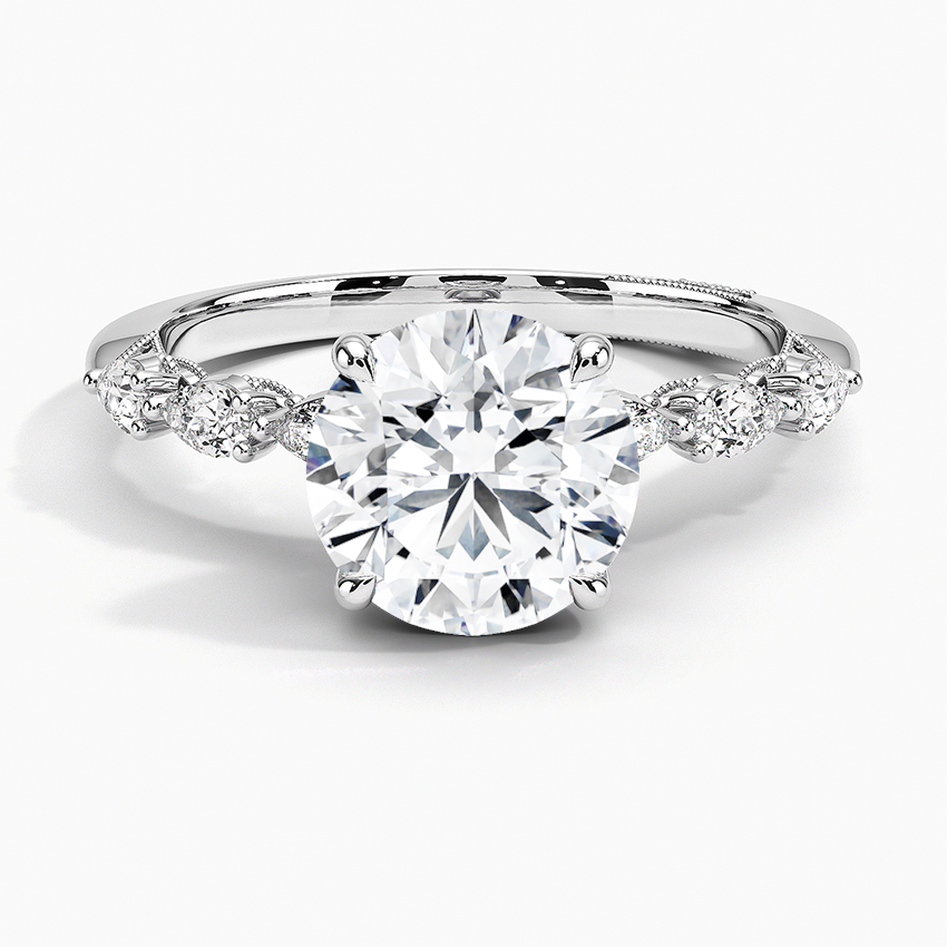 Round Cut Solitaire Diamond Engagement Ring, Twisted Vine Band with Accent Stones, Nature Inspired Bridal Ring