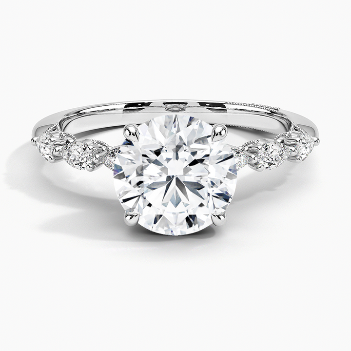 Round Cut Solitaire Diamond Engagement Ring, Twisted Vine Band with Accent Stones, Nature Inspired Bridal Ring