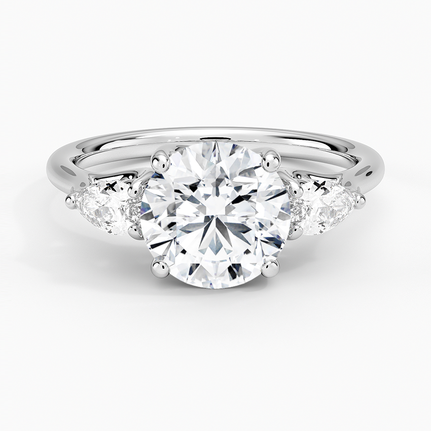 Round Cut Diamond Engagement Ring, 3 Stone Diamond Ring, Pear Side Stone Ring