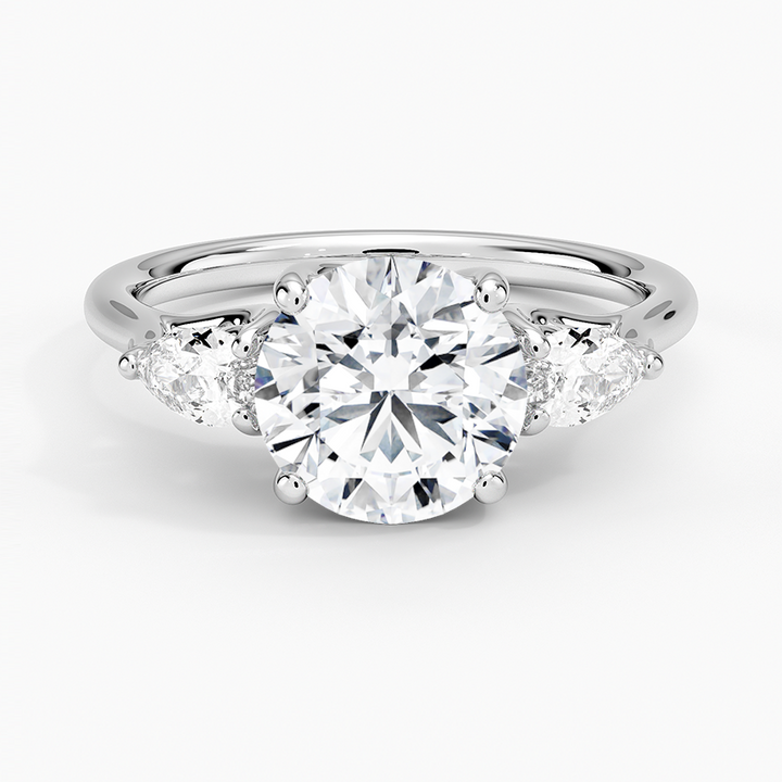 Round Cut Diamond Engagement Ring, 3 Stone Diamond Ring, Pear Side Stone Ring