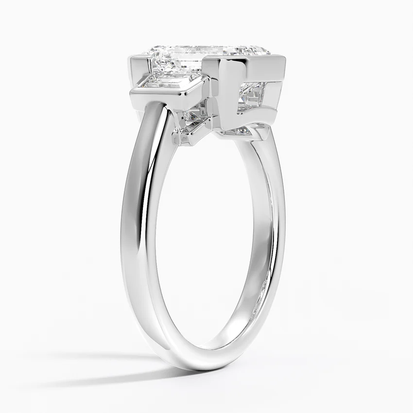 Emerald Cut Diamond Engagement Ring, Three Stone Bezel Set Ring, Minimalist Luxury Bridal Ring