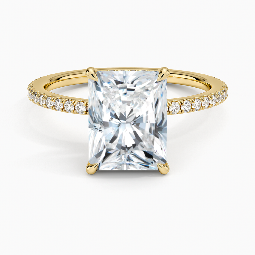 Radiant Cut Solitaire Engagement Ring with Pave Diamond Band, Minimalist Hidden Halo Style, Moissanite Diamond Ring