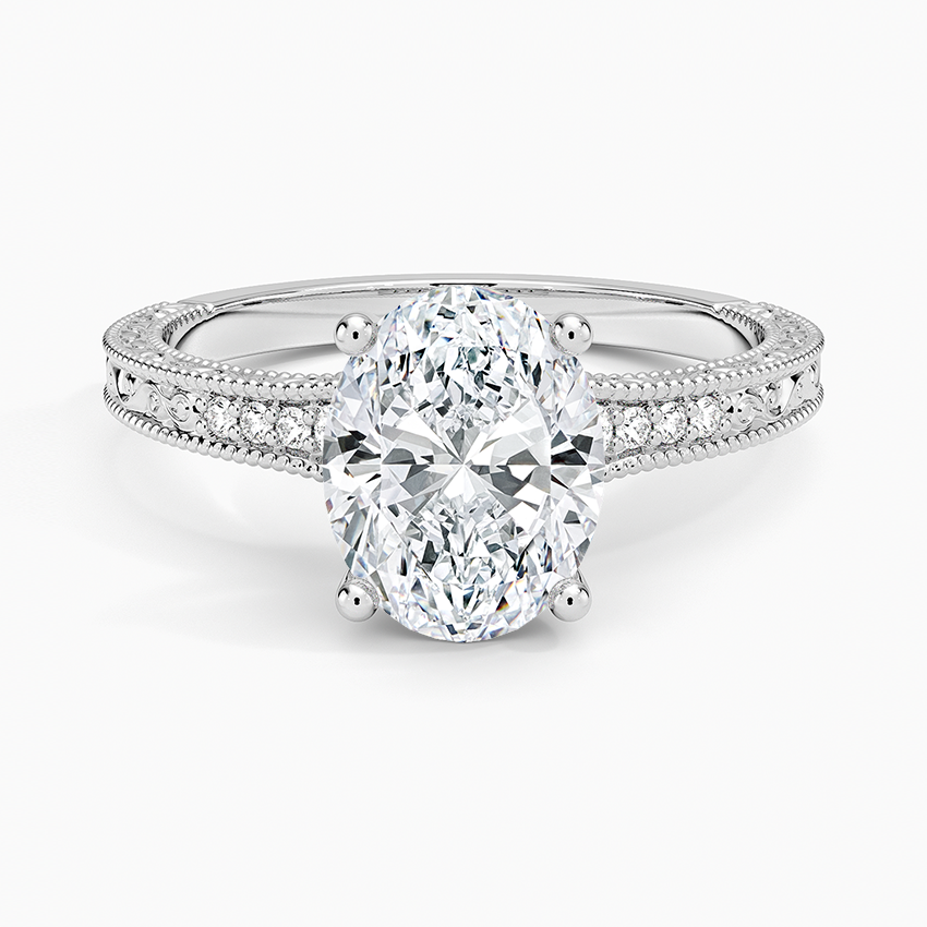 Oval Cut Moissanite Engagement Ring, Vintage Milgrain Pave Diamond Ring, Antique Style Bridal Ring