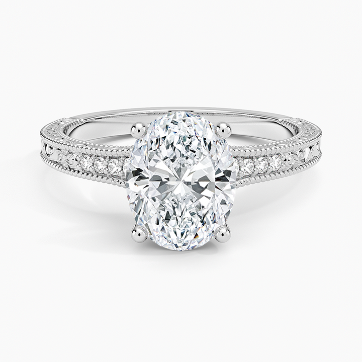Oval Cut Moissanite Engagement Ring, Vintage Milgrain Pave Diamond Ring, Antique Style Bridal Ring