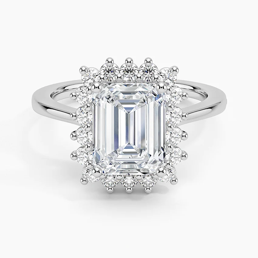 Emerald Cut Moissanite Halo Engagement Ring, Vintage Inspired Diamond Halo Ring, Solid Gold Promise Ring for Women