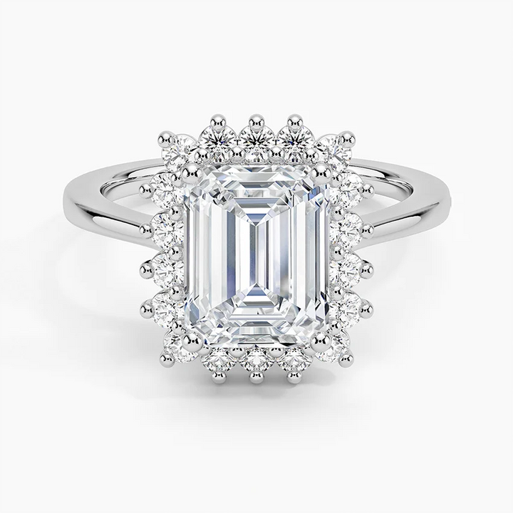 Emerald Cut Moissanite Halo Engagement Ring, Vintage Inspired Diamond Halo Ring, Solid Gold Promise Ring for Women