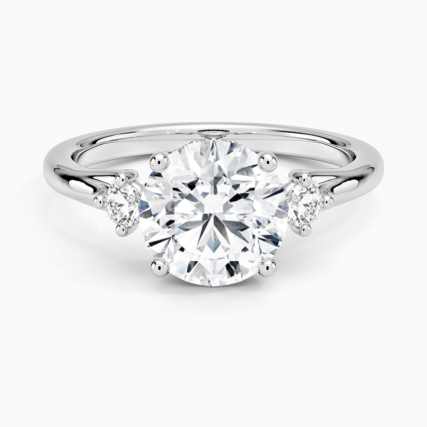 Round Cut Three Stone Diamond Engagement Ring, Classic Solitaire with Side Stones, Gold Bridal Ring