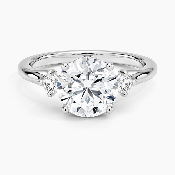 Round Cut Three Stone Diamond Engagement Ring, Classic Solitaire with Side Stones, Gold Bridal Ring
