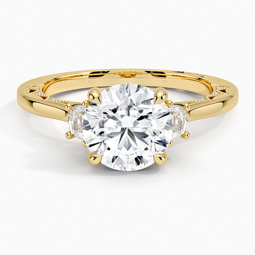 Round Cut Three-Stone Diamond Engagement Ring, Cushion Side Stones
