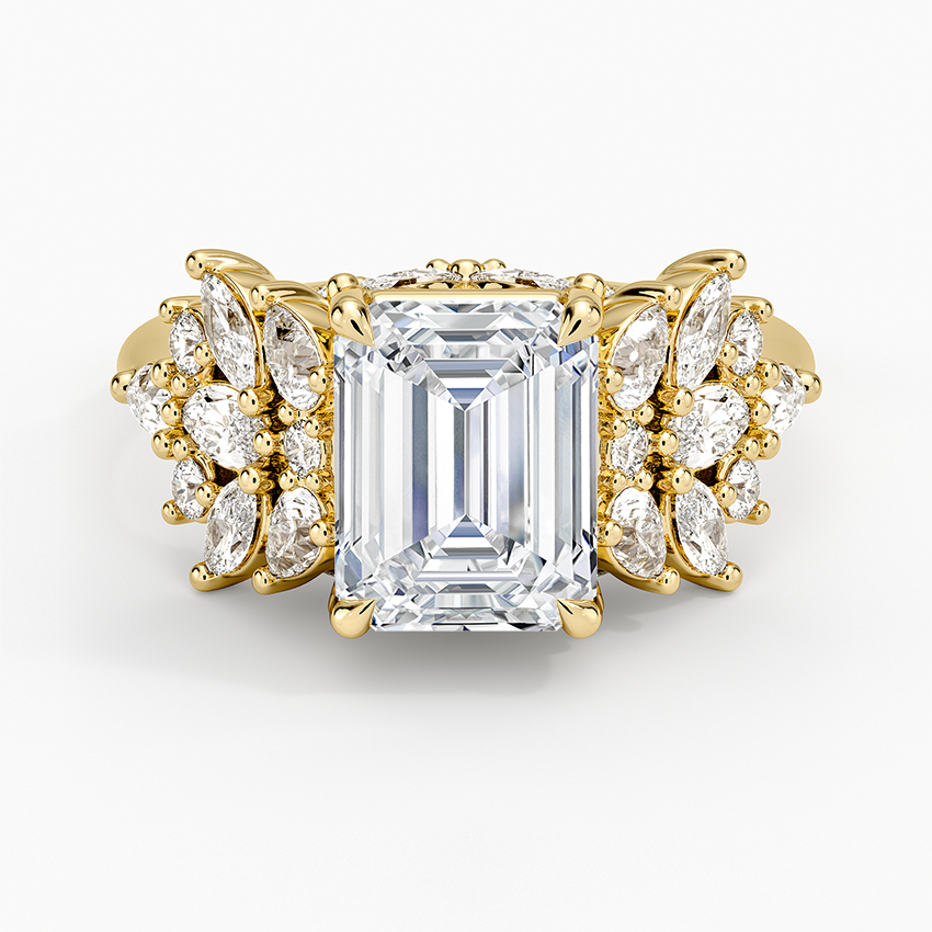 Emerald Cut Moissanite Engagement Ring, Floral Cluster Diamond Ring, Vintage Inspired Statement Ring